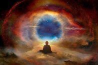 A shaman or monk is meditating before an orange and red swirling sky to represent spiritual healing with Psychic Elaine Palmer