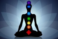 John of God Bed healings by Psychic Elaine Palmer represented by a silhouette in lotus position with the seven chakras.